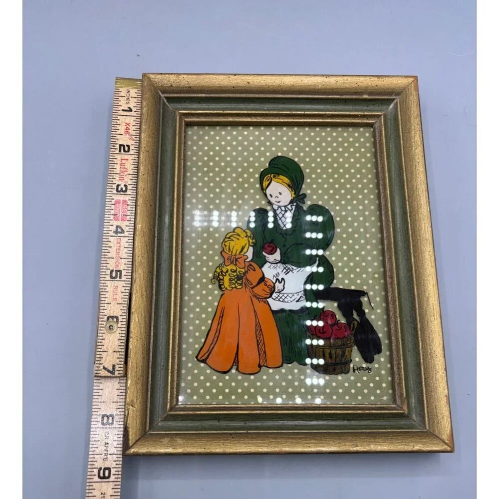Vtg Reverse Hand Painted Glass Art With‎ Wooden Frame Mother Child